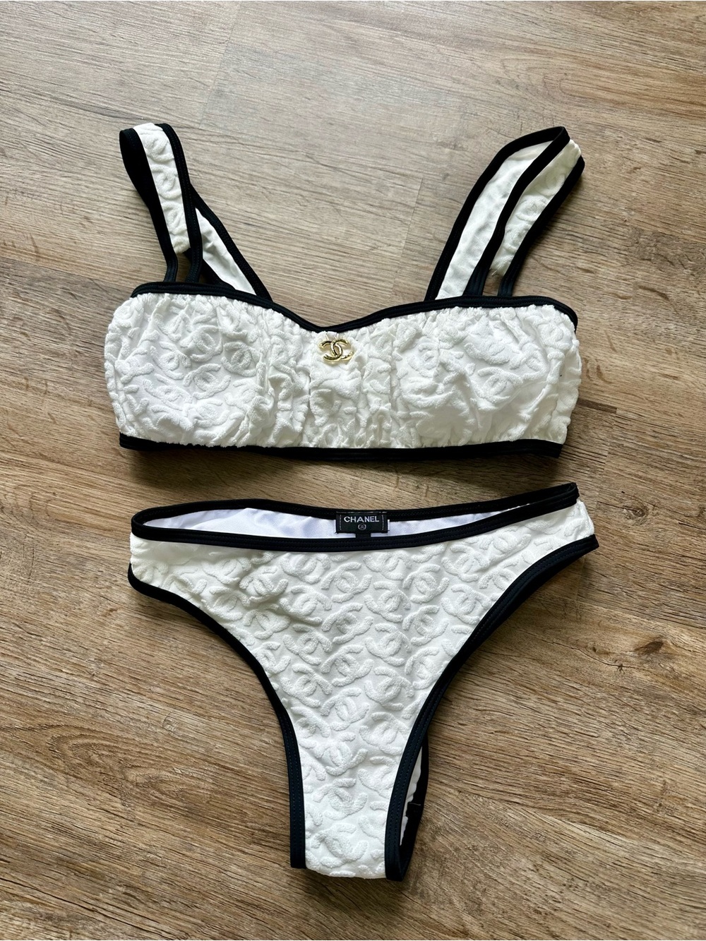 CHANEL White Embossed Logo Bikini with Black Trim and Gold CC
